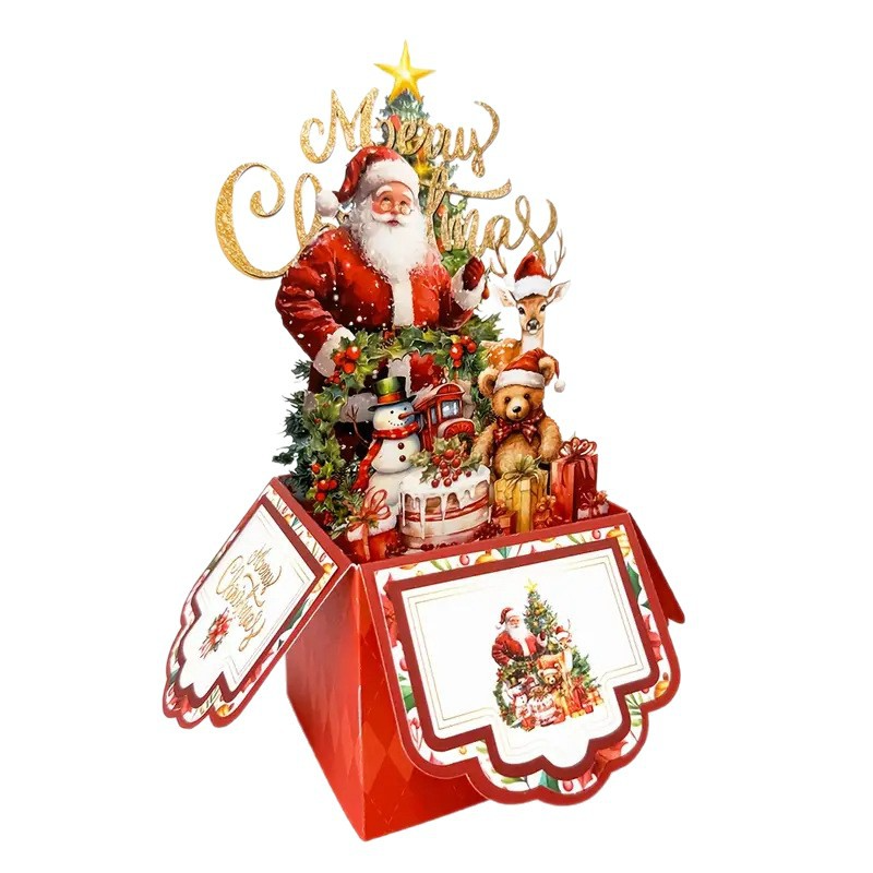 3D Pop‑up Santa's Box Tri‑fold Christmas Card – Handcrafted Holiday Scene, Premium Greeting with Envelope