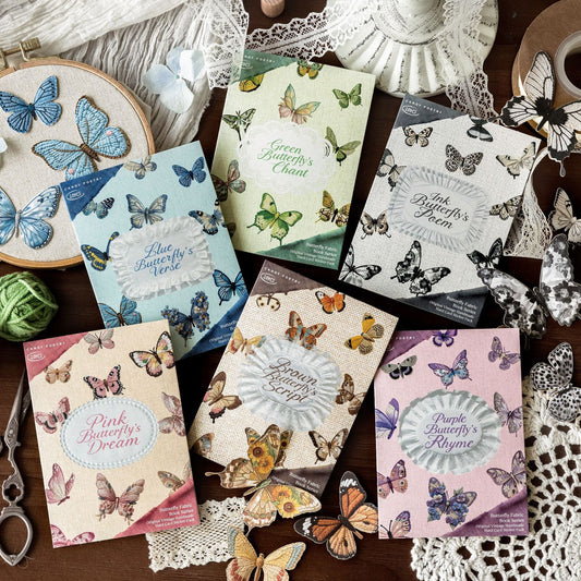 Vintage Butterfly Fabric Sticker Book – 20 Sheets, 6 Designs, Retro Journaling & Scrapbooking DIY Decorative Stickers