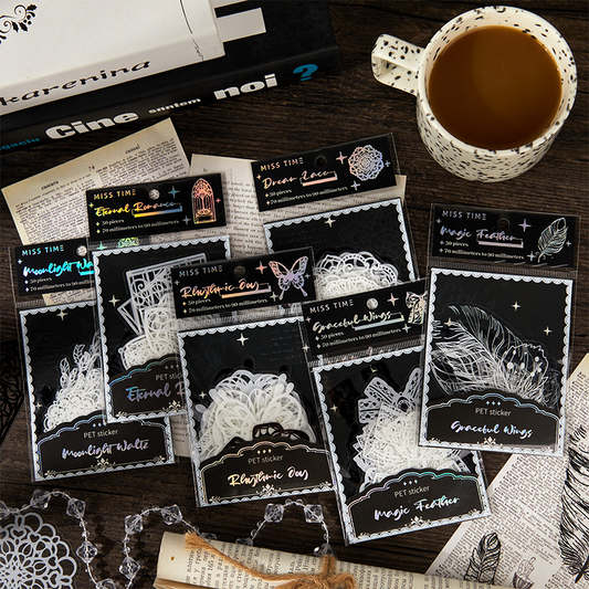 PET Sticker Pack – Romantic Eternal Series, 30 Sheets / 6 Designs, White Ink Lace Journaling & Scrapbooking Supplies