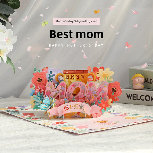 3D Pop-Up “Best Mom” Mother‘s Day Card – Handcrafted Paper Sculpture with Flowers & Hearts, A Heartfelt Keepsake She’ll Treasure, with Envelope