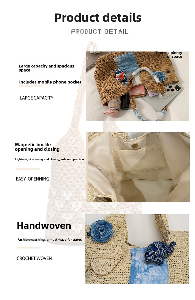 New Arrival Elephant Straw Tote Bag – Handwoven Large Capacity Shoulder Bag with Leather Handles, Wholesale Custom Orders Welcome (MOQ 50 pcs)