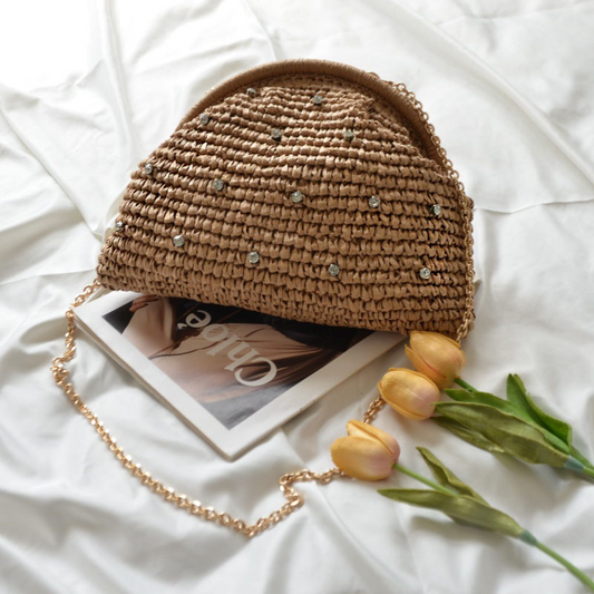 New Arrival Woven Shell Crossbody Bag – Crystal Embellished Chain Shoulder Purse with Handcrafted Texture, A Chic & Compact Summer Essential for Women
