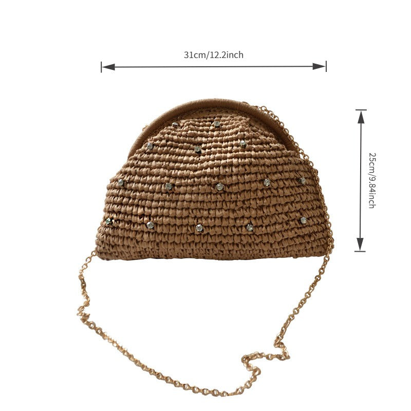 New Arrival Woven Shell Crossbody Bag – Crystal Embellished Chain Shoulder Purse with Handcrafted Texture, A Chic & Compact Summer Essential for Women