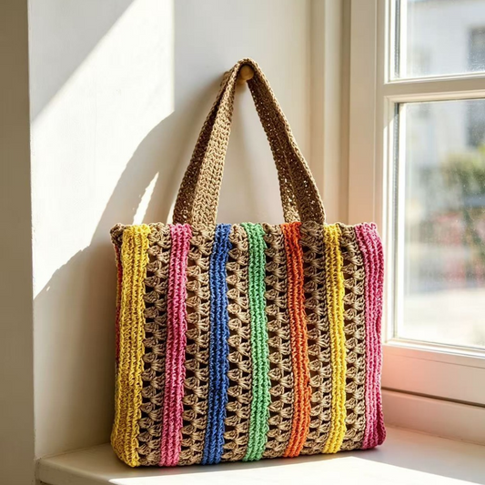 New Arrival Rainbow Striped Handwoven Straw Tote Bag – Hollow Woven Large Capacity Beach Shoulder Bag, A Vibrant Summer Essential for Vacation & Everyday Style