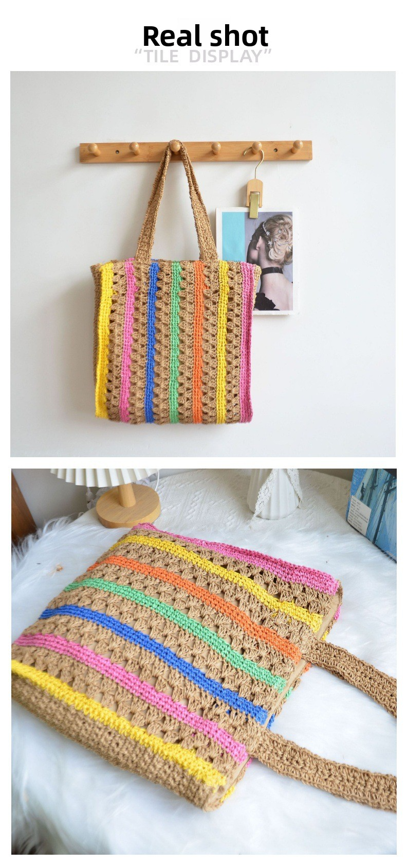 New Arrival French Style Rainbow Straw Tote Bag – Handwoven Large Capacity Underarm Shoulder Bag, A Breezy Summer Essential for Beach, Vacation & Everyday Style