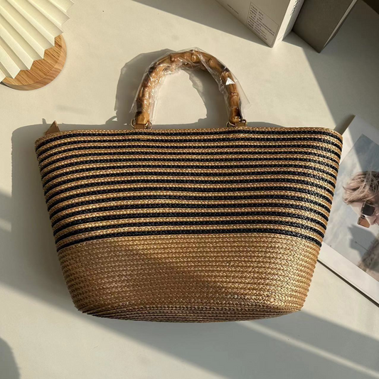 New Arrival Vintage Striped Straw Basket Bag – Handwoven French Style Tote with Bamboo-Look Handle, A Timeless Summer Essential for Vacation & Everyday Elegance