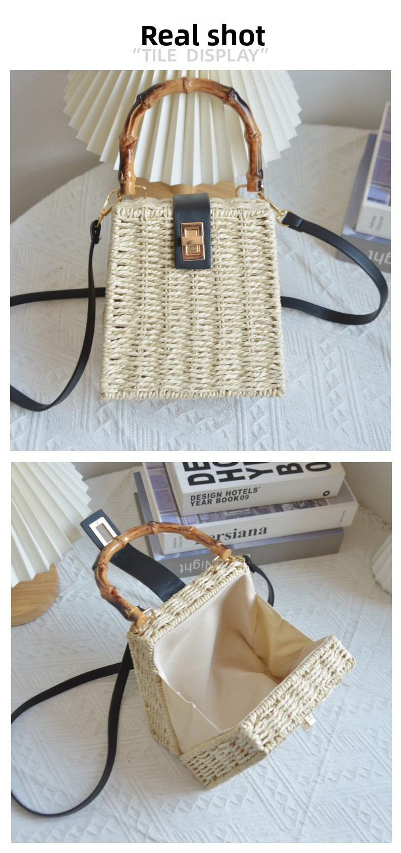 New Arrival Vintage Trapezoid Straw Tote Bag – Handwoven Bamboo Handle Crossbody Shoulder Bag with Leather Trim, A Luxe Summer Essential for Commute, Vacation & Everyday Style
