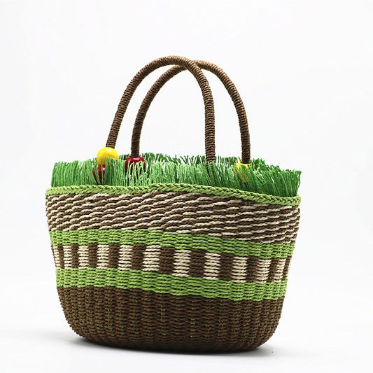 New Arrival Wood Bead Handle Straw Tote Bag – Handwoven Diagonal Basket Purse with Boho Charm, A Lightweight & Roomy Summer Essential for Beach, Market & Everyday Style