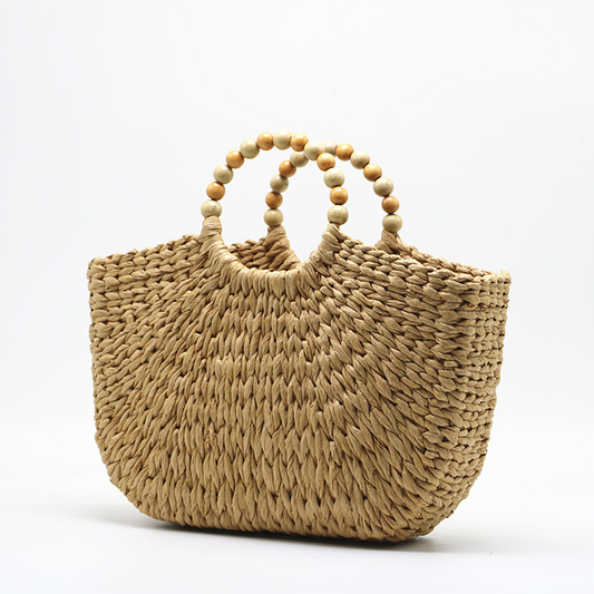 New Arrival Wooden Bead Moon Bag – Handwoven Camel Straw Tote with Sculptural Handle, A Spacious & Boho-Chic Summer Essential for Beach, Travel & Everyday Style