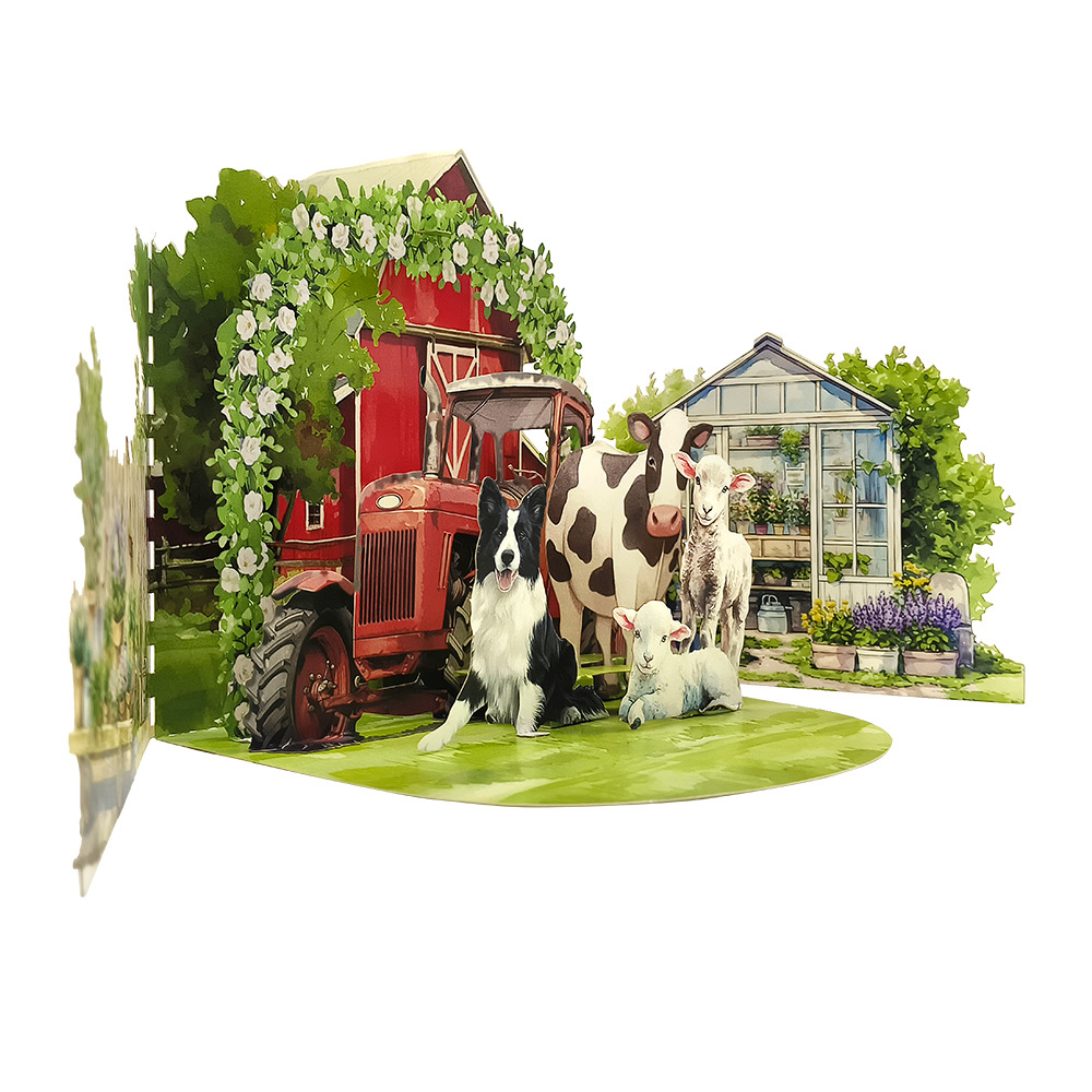 2026 New Arrival 3D Pop-Up Farm & Garden Card – Handmade Miniature Scene with Barn, Tractor, and Floral Meadow