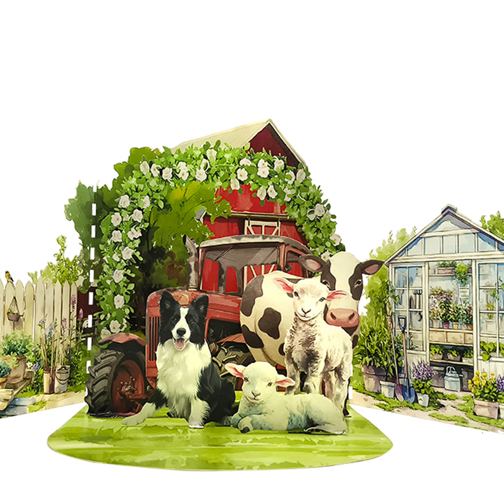 2026 New Arrival 3D Pop-Up Farm & Garden Card – Handmade Miniature Scene with Barn, Tractor, and Floral Meadow