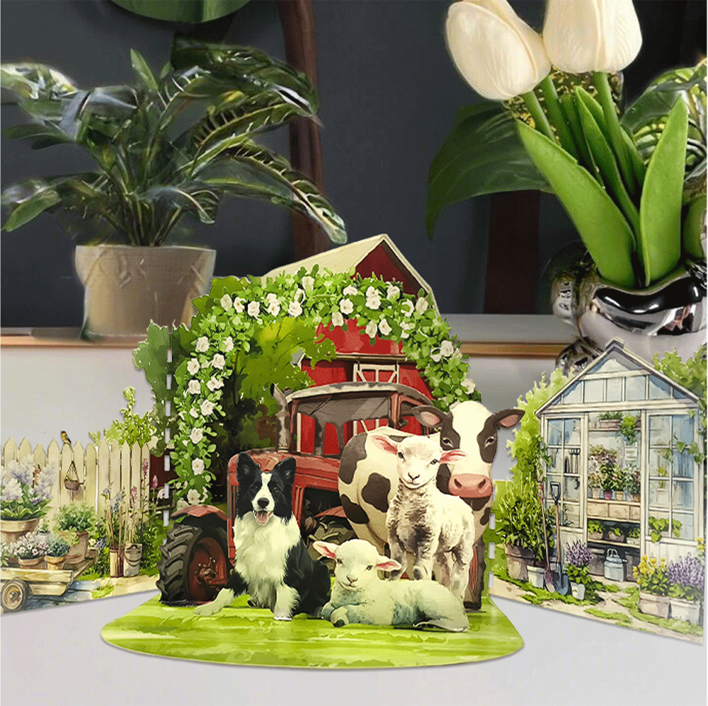 2026 New Arrival 3D Pop-Up Farm & Garden Card – Handmade Miniature Scene with Barn, Tractor, and Floral Meadow