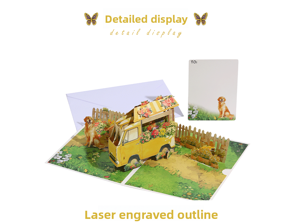 2026 New Arrival 3D Pop-Up Flower Cart & Puppy Card – Handmade Paper Sculpture with Dog and Floral Wagon