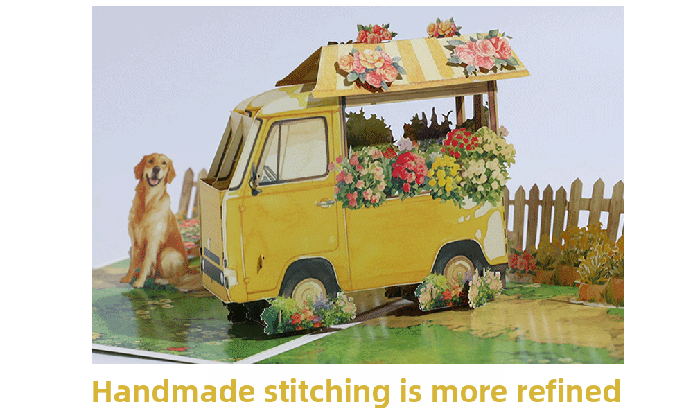 2026 New Arrival 3D Pop-Up Flower Cart & Puppy Card – Handmade Paper Sculpture with Dog and Floral Wagon