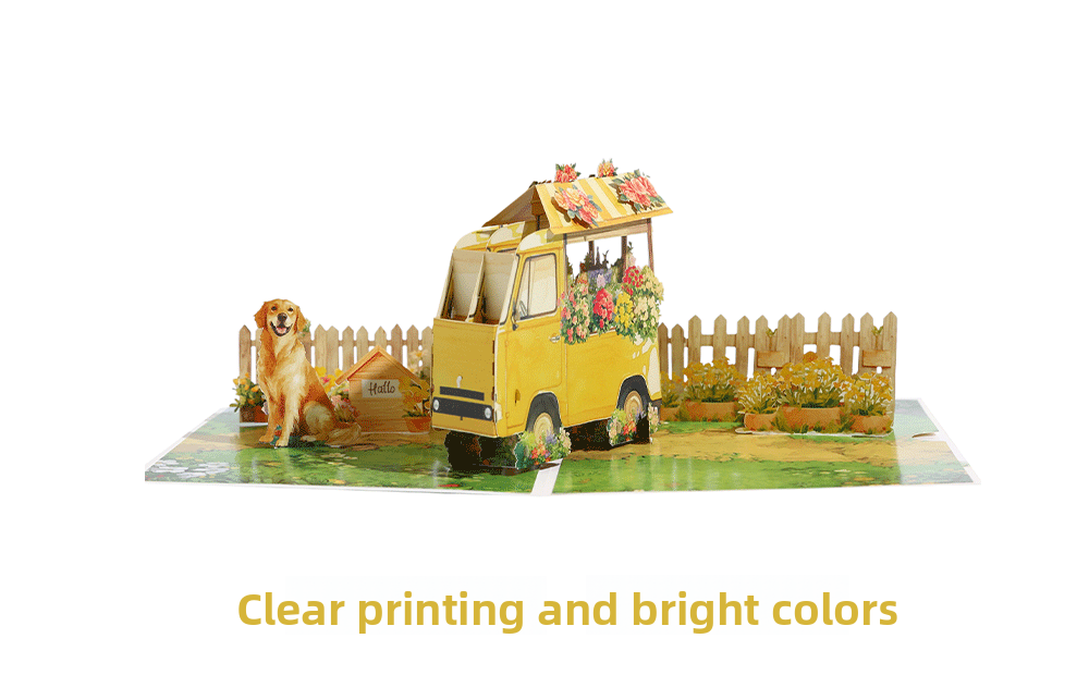 2026 New Arrival 3D Pop-Up Flower Cart & Puppy Card – Handmade Paper Sculpture with Dog and Floral Wagon