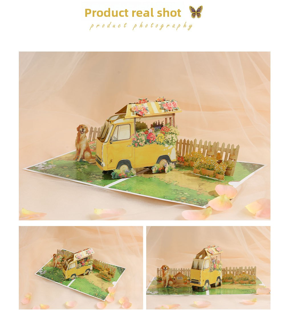 2026 New Arrival 3D Pop-Up Flower Cart & Puppy Card – Handmade Paper Sculpture with Dog and Floral Wagon