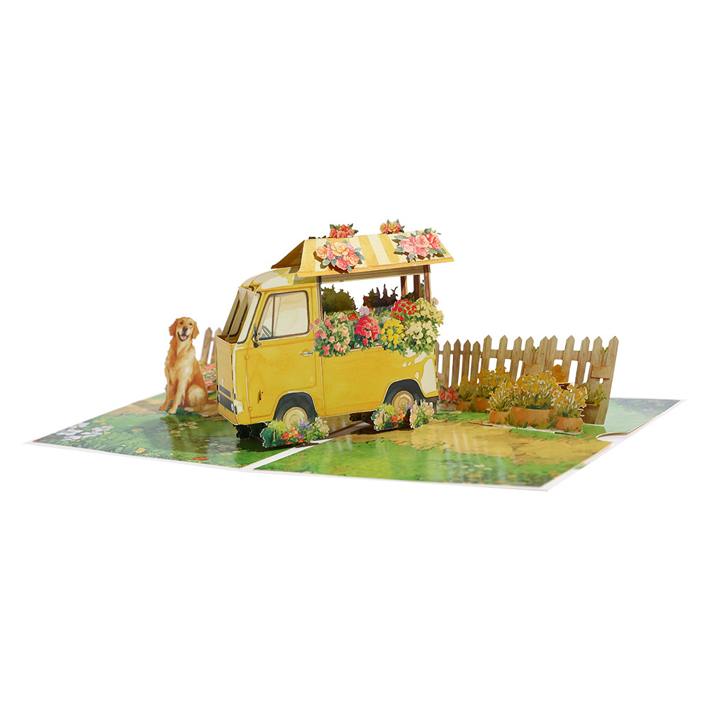 2026 New Arrival 3D Pop-Up Flower Cart & Puppy Card – Handmade Paper Sculpture with Dog and Floral Wagon