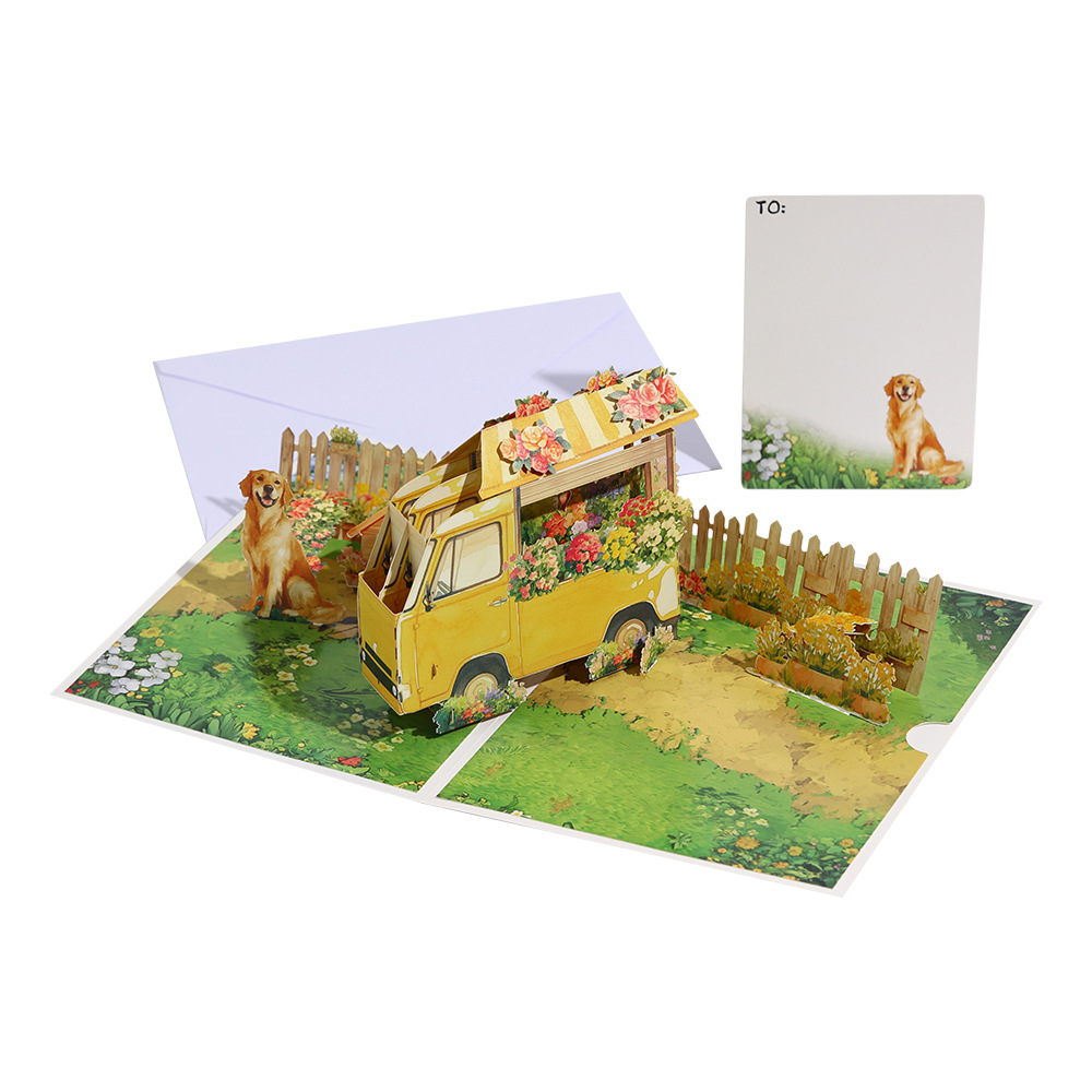 2026 New Arrival 3D Pop-Up Flower Cart & Puppy Card – Handmade Paper Sculpture with Dog and Floral Wagon