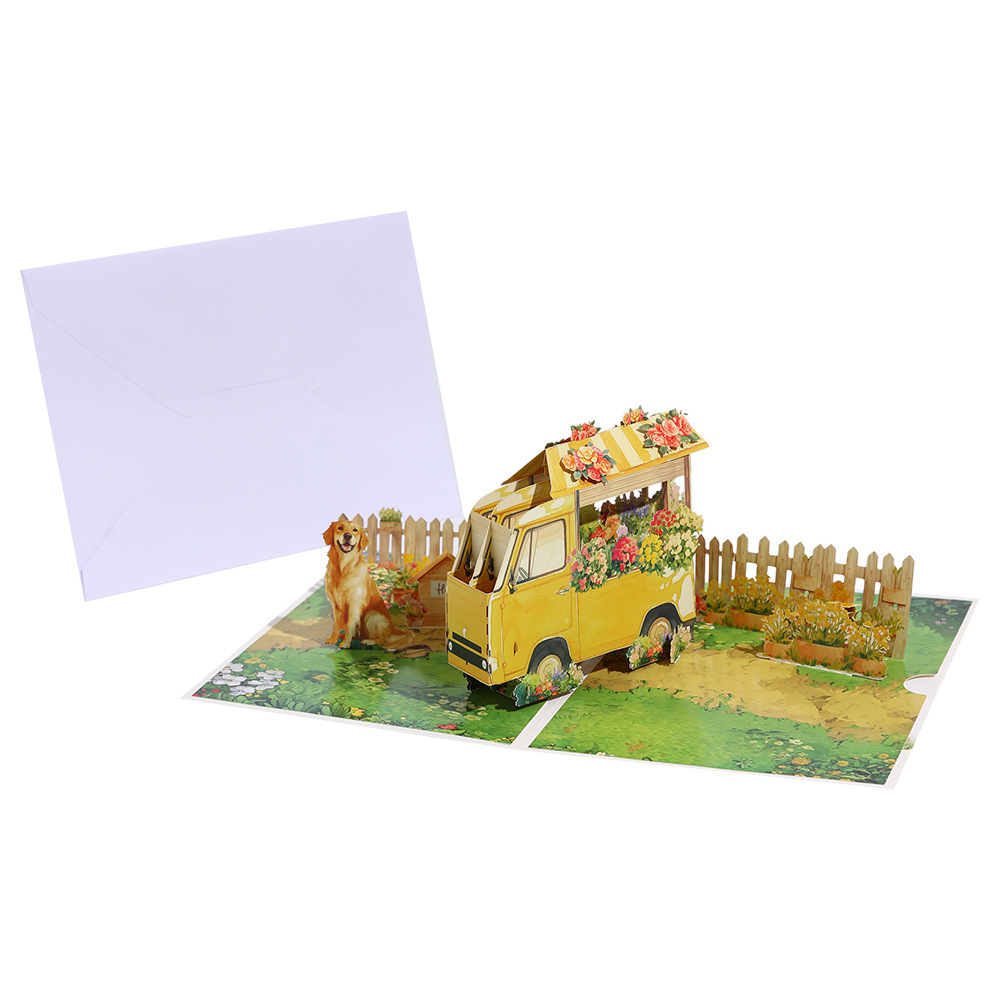 2026 New Arrival 3D Pop-Up Flower Cart & Puppy Card – Handmade Paper Sculpture with Dog and Floral Wagon