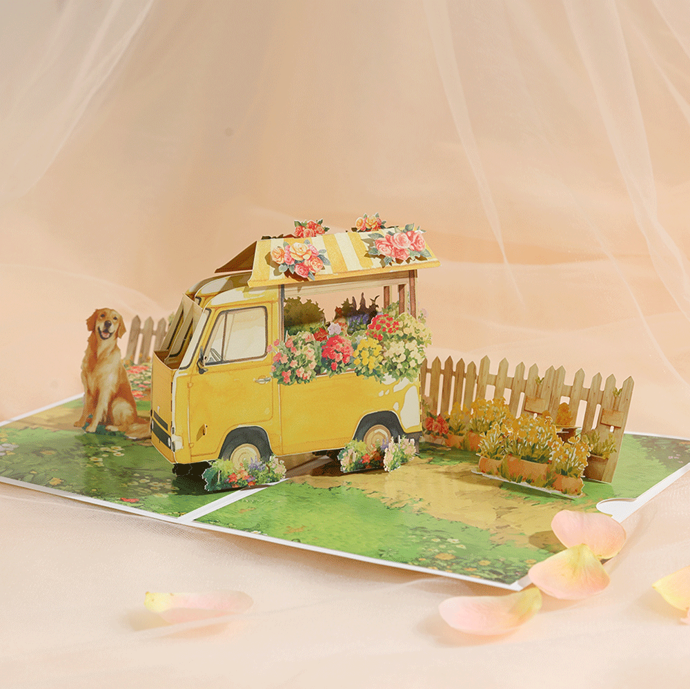 2026 New Arrival 3D Pop-Up Flower Cart & Puppy Card – Handmade Paper Sculpture with Dog and Floral Wagon