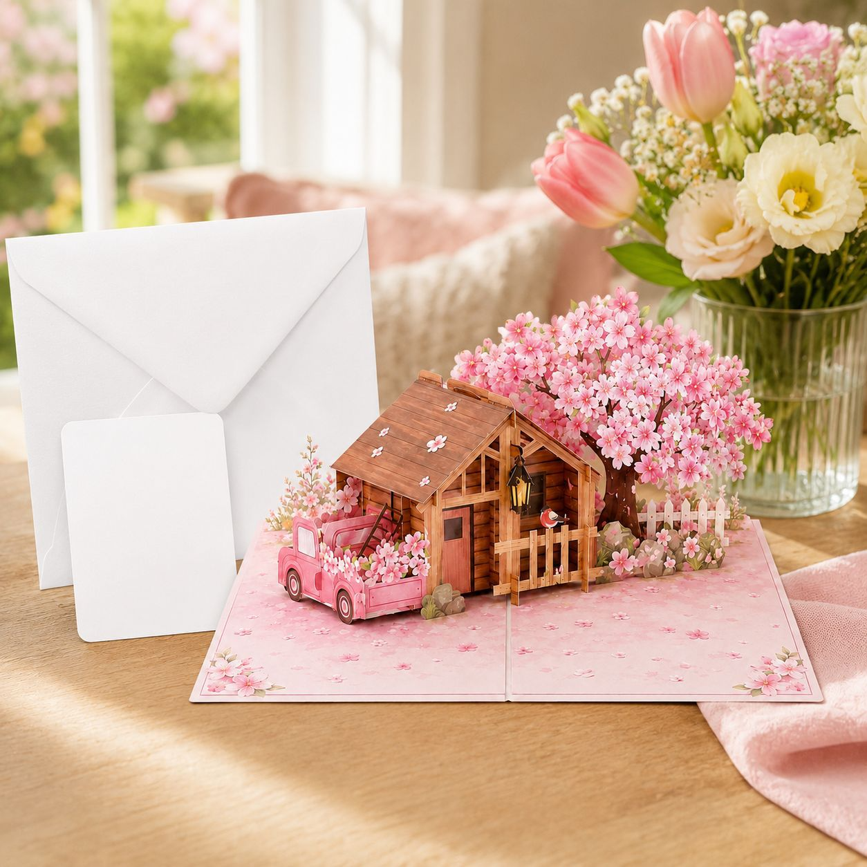 Four Seasons 3D Pop‑up House Greeting Card – Spring Summer Autumn Winter Paper Cut Art Wish Card