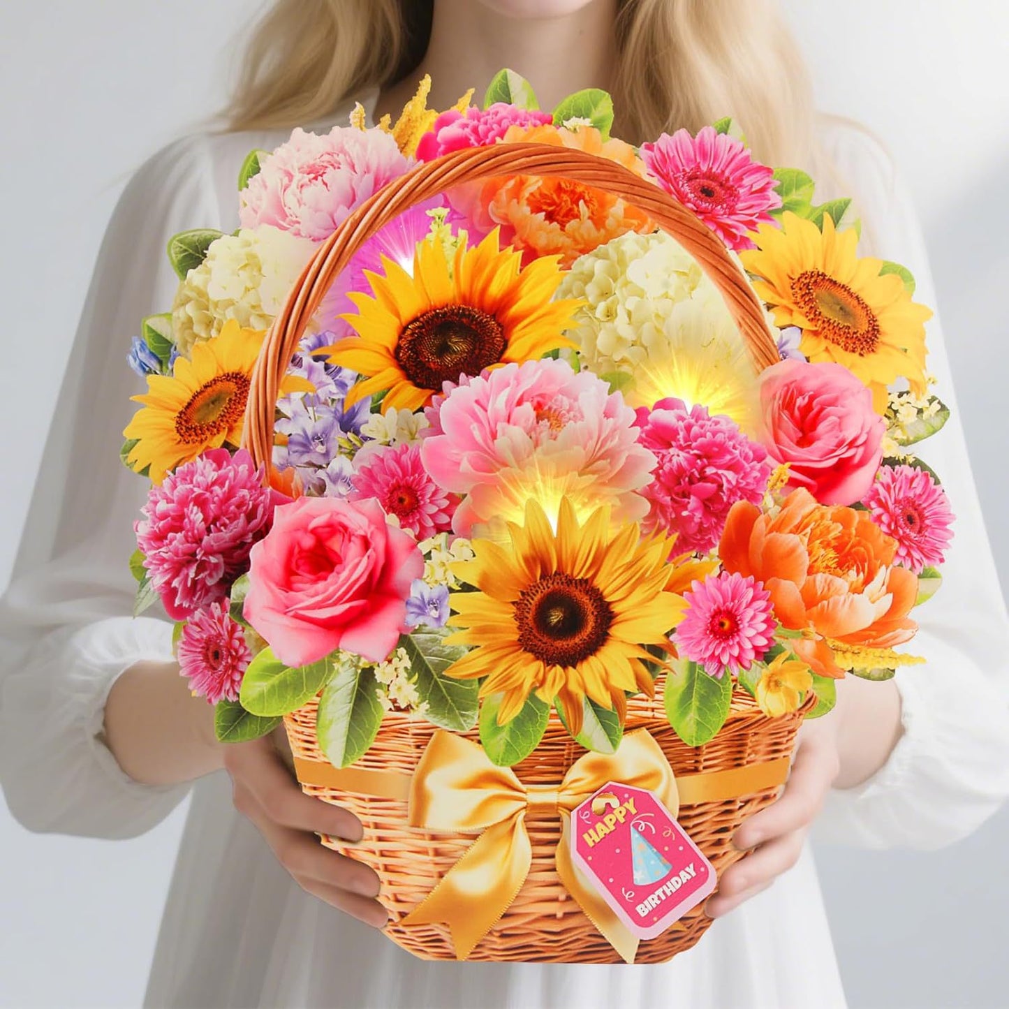 Singing & Shining Birthday Card – 3D Peony & Daisy Flower Pop‑up with Light and Music