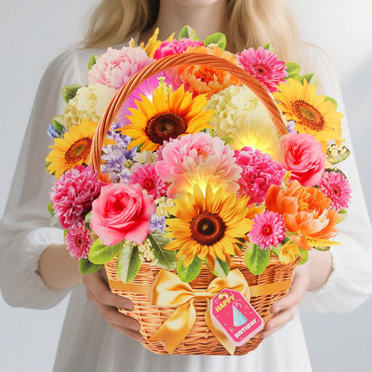 Singing & Shining Birthday Card – 3D Peony & Daisy Flower Pop‑up with Light and Music