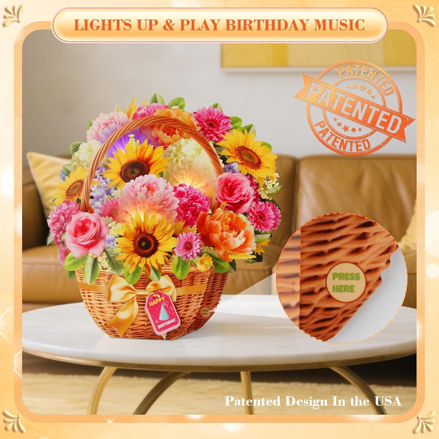 Singing & Shining Birthday Card – 3D Peony & Daisy Flower Pop‑up with Light and Music