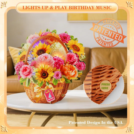 Singing & Shining Birthday Card – 3D Peony & Daisy Flower Pop‑up with Light and Music