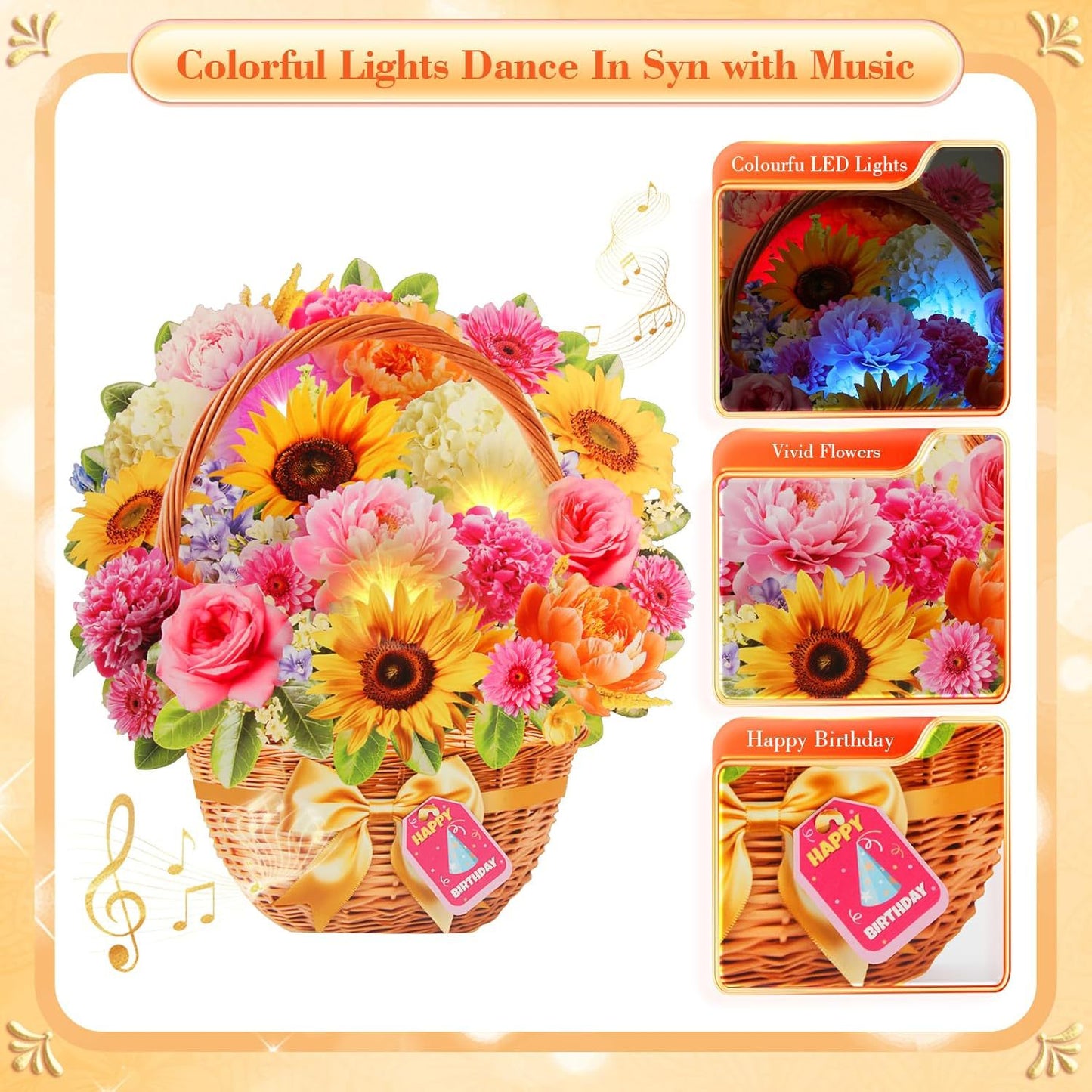 Singing & Shining Birthday Card – 3D Peony & Daisy Flower Pop‑up with Light and Music