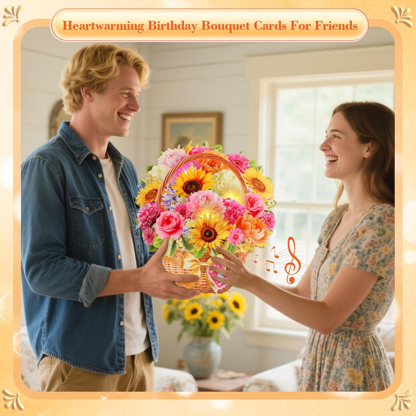 Singing & Shining Birthday Card – 3D Peony & Daisy Flower Pop‑up with Light and Music