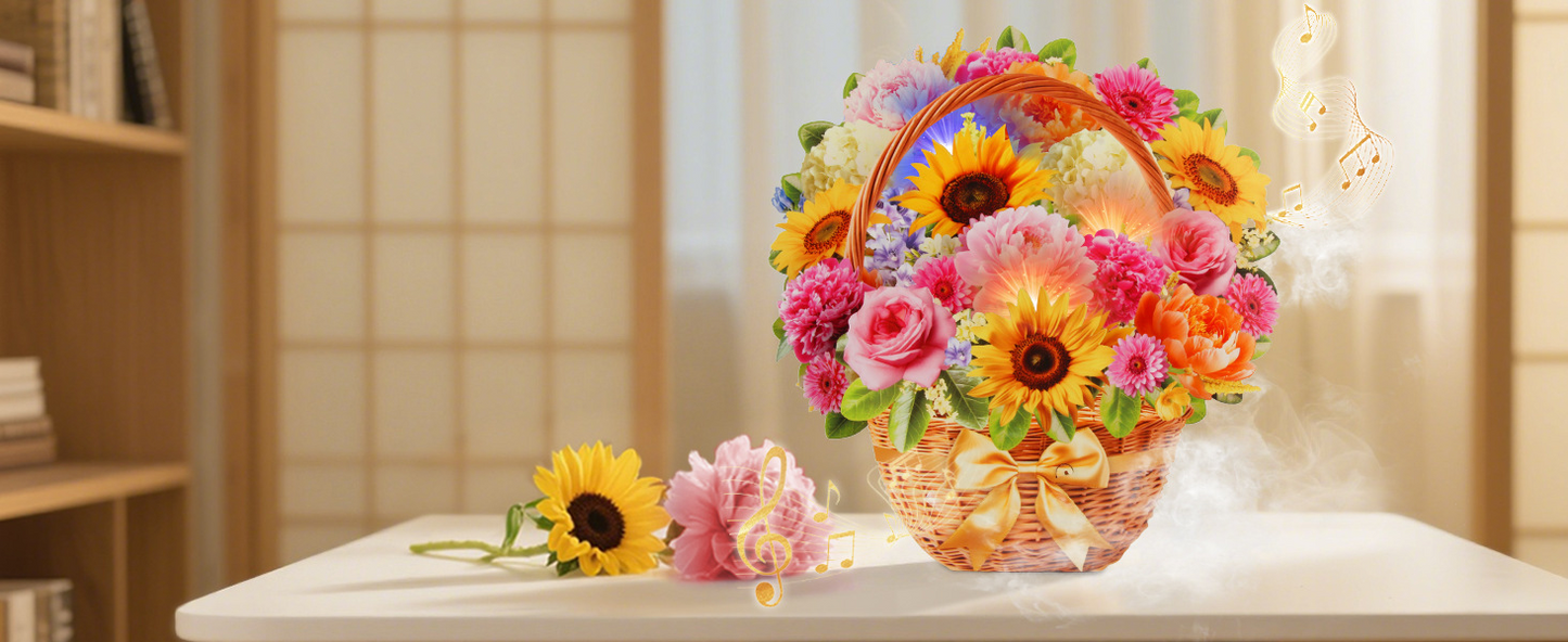 Singing & Shining Birthday Card – 3D Peony & Daisy Flower Pop‑up with Light and Music