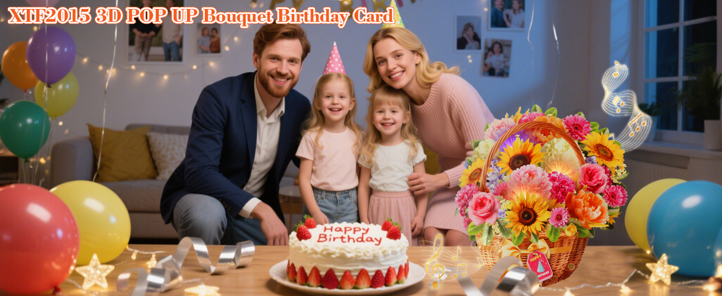 Singing & Shining Birthday Card – 3D Peony & Daisy Flower Pop‑up with Light and Music