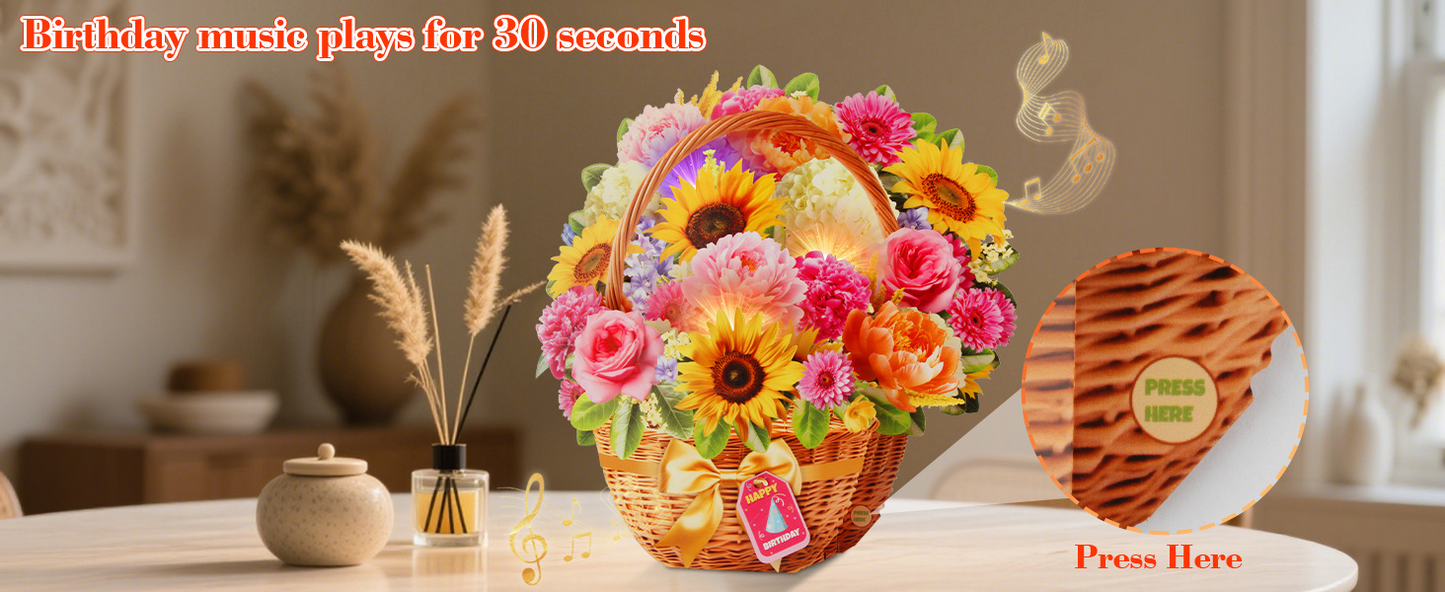 Singing & Shining Birthday Card – 3D Peony & Daisy Flower Pop‑up with Light and Music