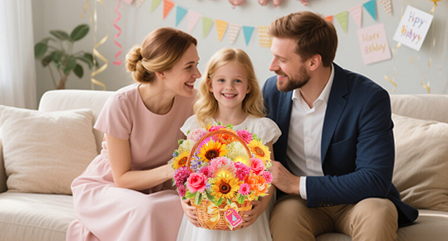Singing & Shining Birthday Card – 3D Peony & Daisy Flower Pop‑up with Light and Music