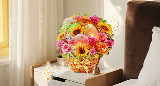 Singing & Shining Birthday Card – 3D Peony & Daisy Flower Pop‑up with Light and Music