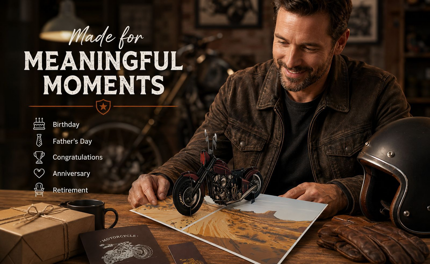 2026 New 3D Pop‑up Motorcycle Father’s Day Card – Creative Stand‑up Greeting, Premium Design with Envelope