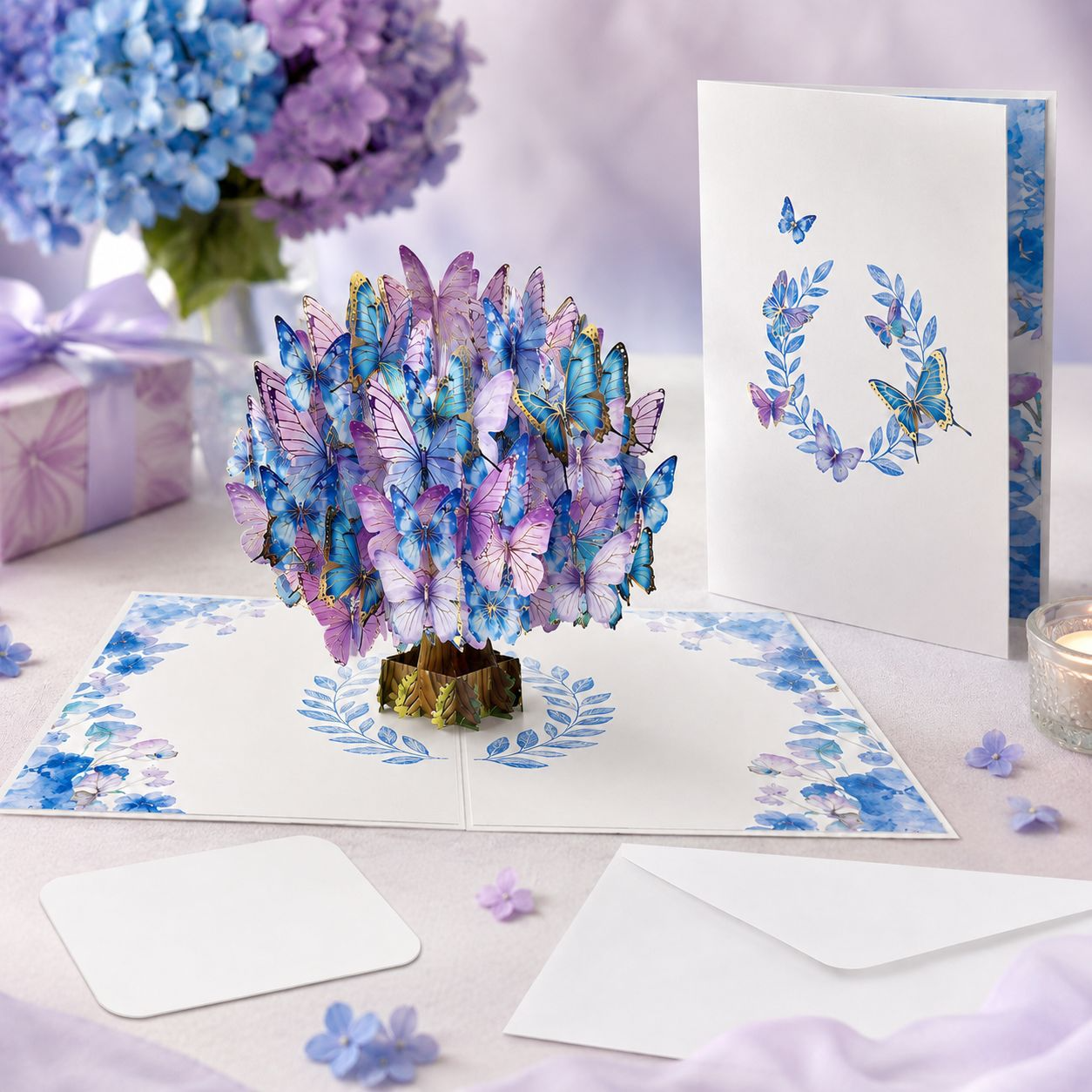 3D Pop‑up Card with Flowers & Blue Butterfly – Premium Stand‑up Greeting for Teacher, Mother, or Loved One