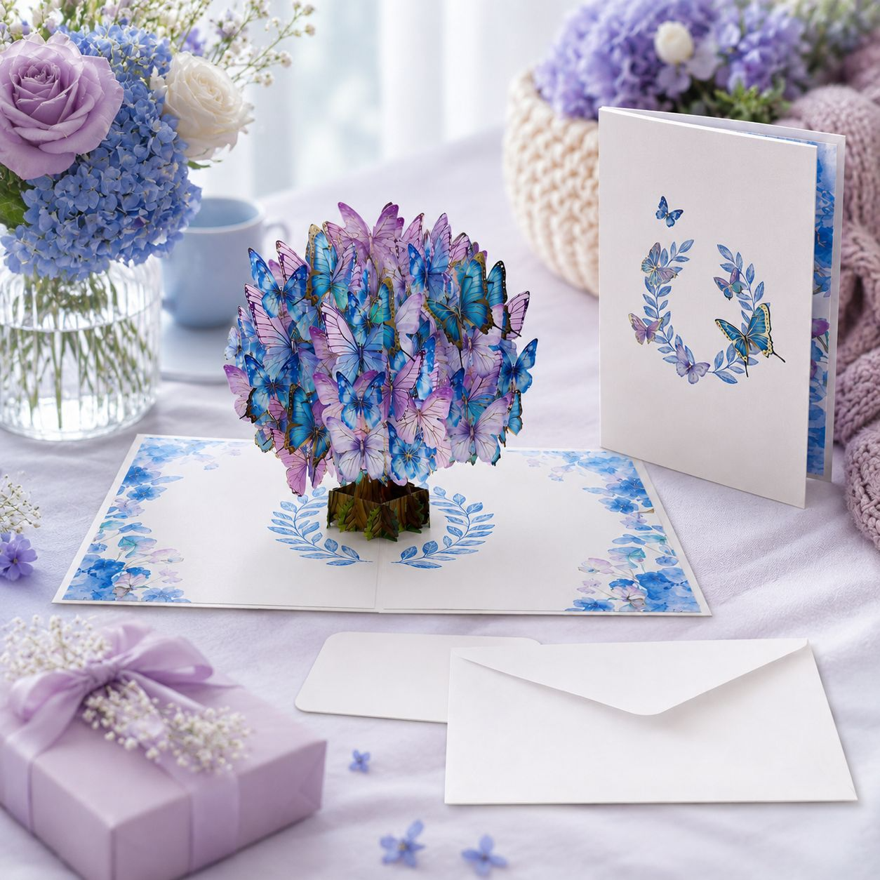 3D Pop‑up Card with Flowers & Blue Butterfly – Premium Stand‑up Greeting for Teacher, Mother, or Loved One