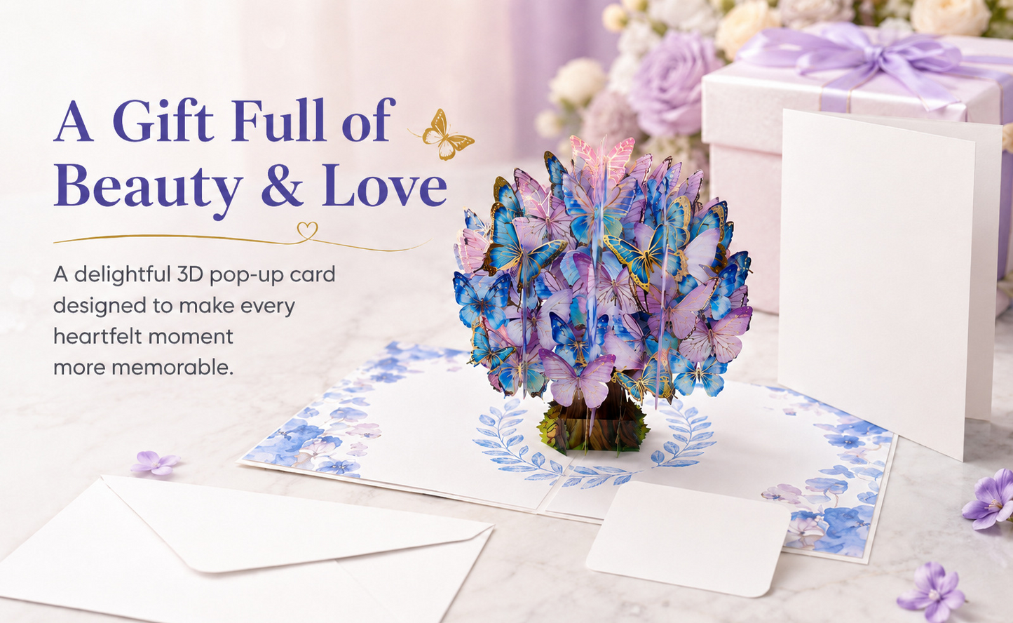 3D Pop‑up Card with Flowers & Blue Butterfly – Premium Stand‑up Greeting for Teacher, Mother, or Loved One