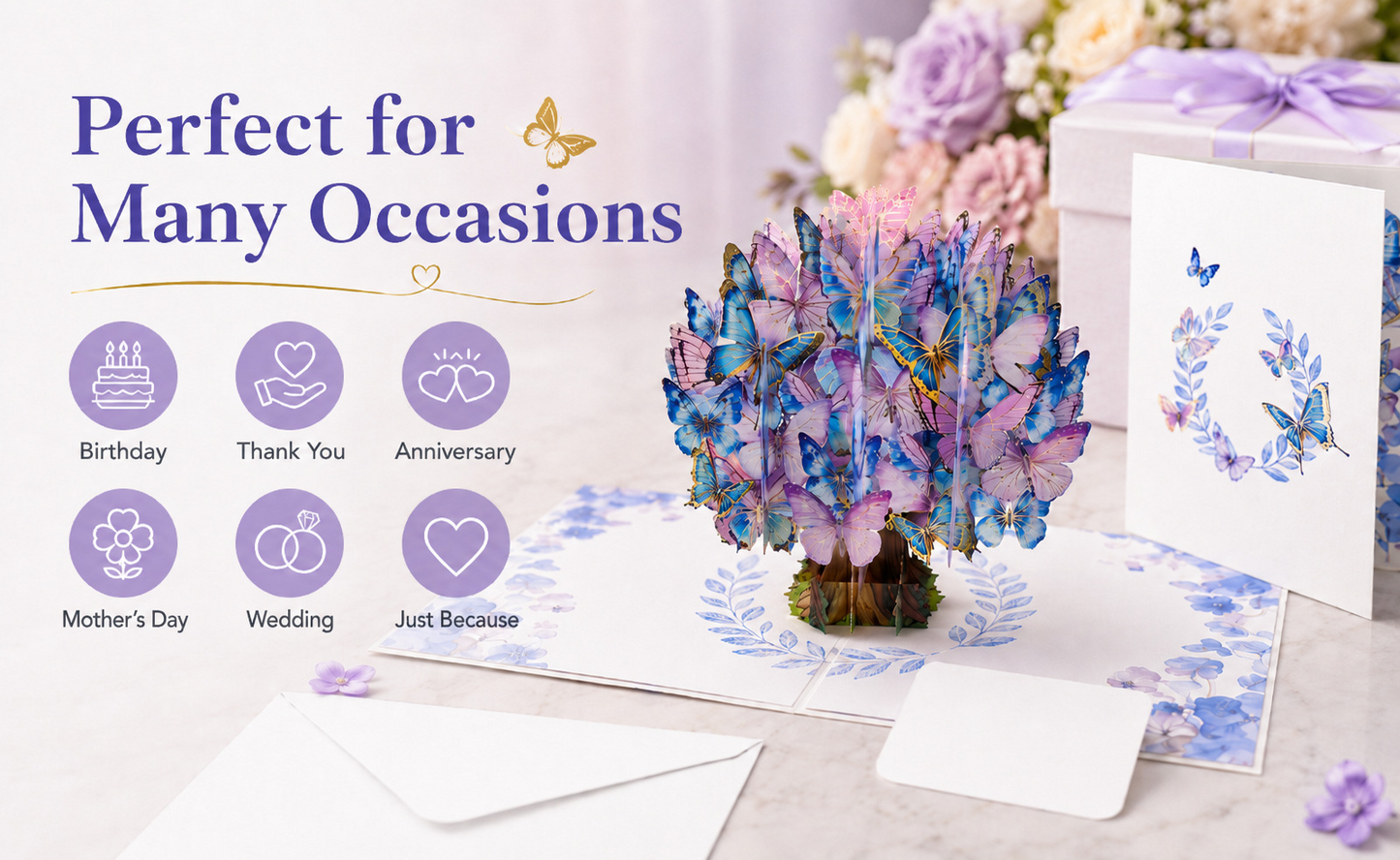 3D Pop‑up Card with Flowers & Blue Butterfly – Premium Stand‑up Greeting for Teacher, Mother, or Loved One