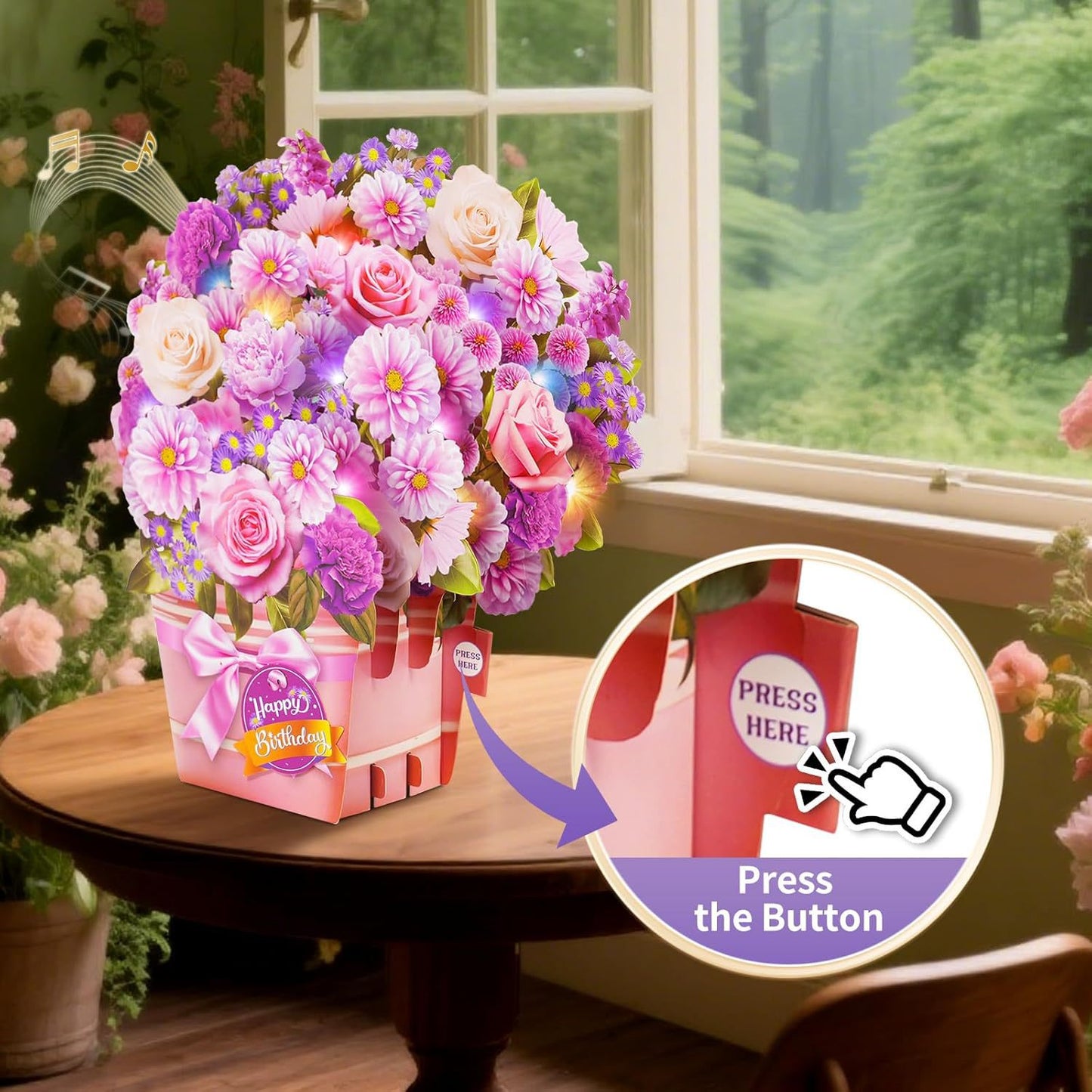 3D Pop‑up Flower Basket Card with Music and Lights – Musical & Glowing Greeting for Birthdays, Mother’s Day & Special Occasions