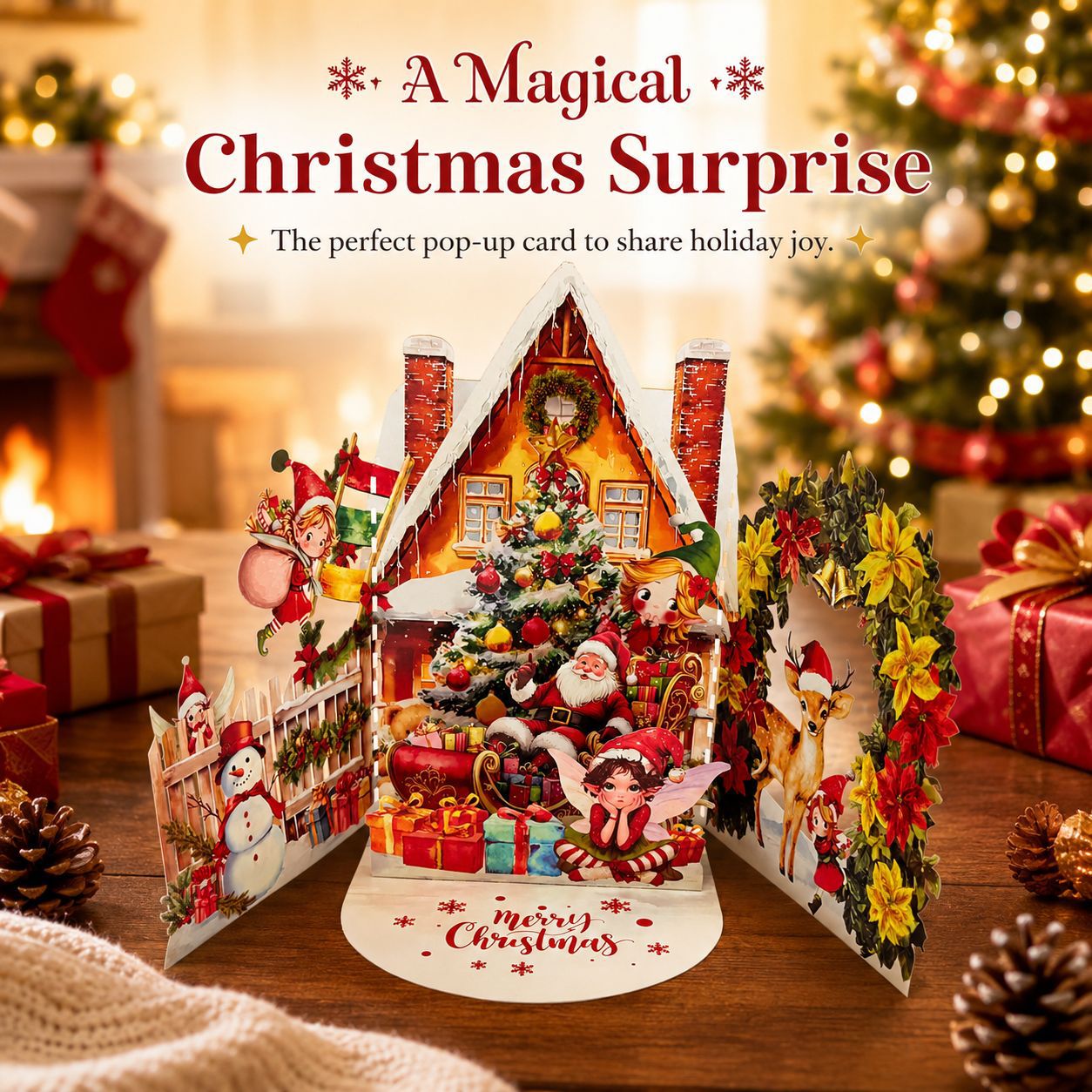 Bestselling 3D Santa's Treasure House Tri-fold Pop-up Card – Handcrafted Winter Scene, Premium Greeting Card with Envelope