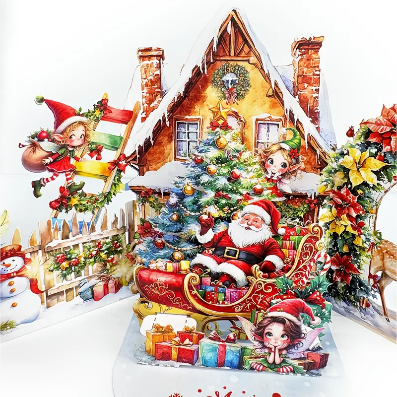 Bestselling 3D Santa's Treasure House Tri-fold Pop-up Card – Handcrafted Winter Scene, Premium Greeting Card with Envelope