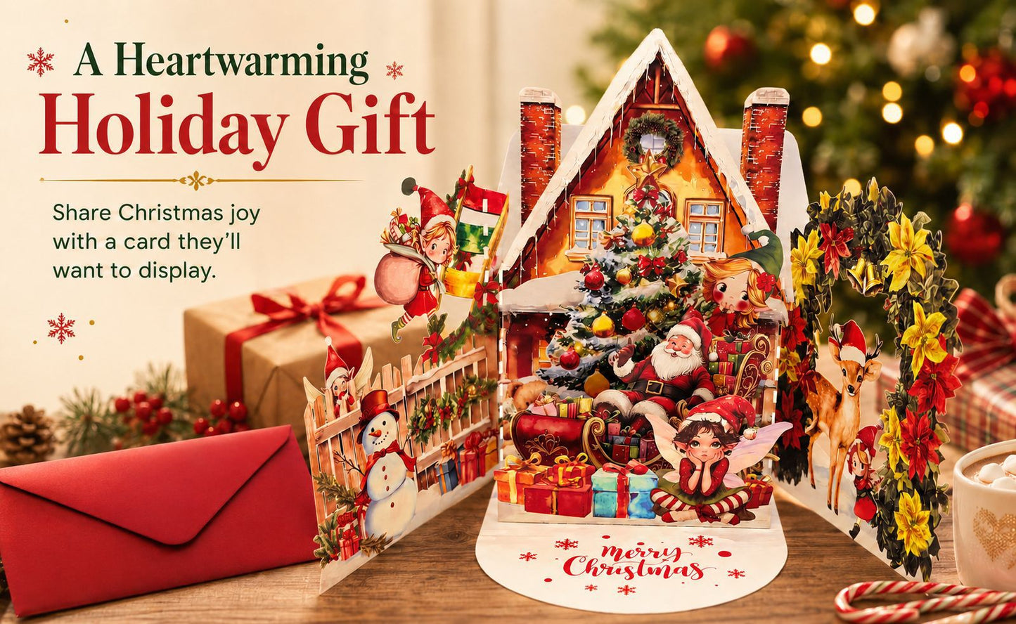 Bestselling 3D Santa's Treasure House Tri-fold Pop-up Card – Handcrafted Winter Scene, Premium Greeting Card with Envelope
