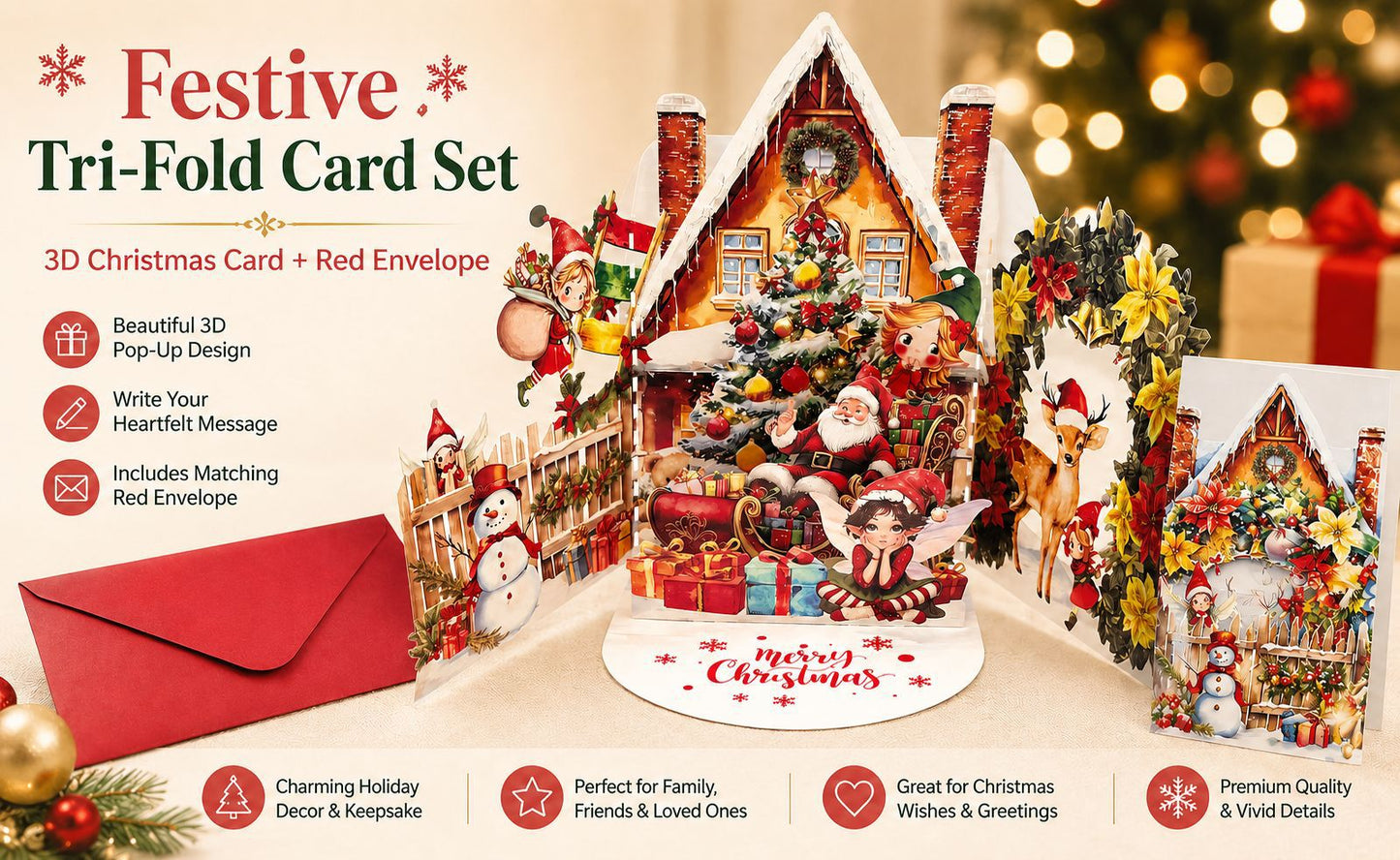 Bestselling 3D Santa's Treasure House Tri-fold Pop-up Card – Handcrafted Winter Scene, Premium Greeting Card with Envelope