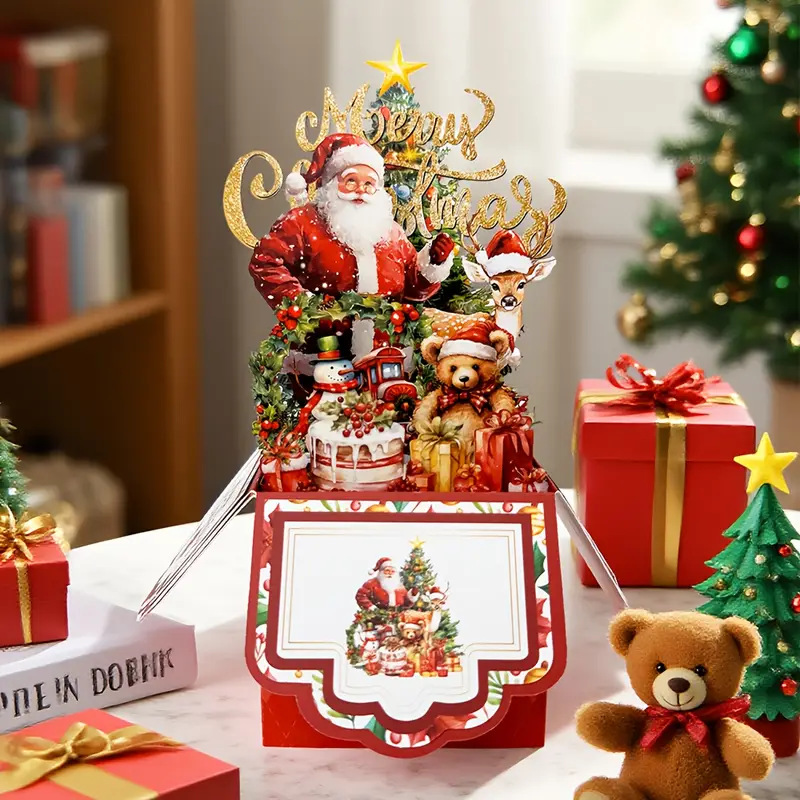 3D Pop‑up Santa's Box Tri‑fold Christmas Card – Handcrafted Holiday Scene, Premium Greeting with Envelope