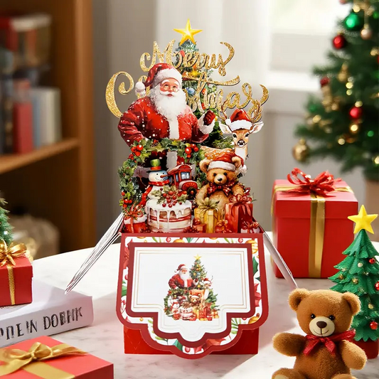 3D Pop‑up Santa's Box Tri‑fold Christmas Card – Handcrafted Holiday Scene, Premium Greeting with Envelope