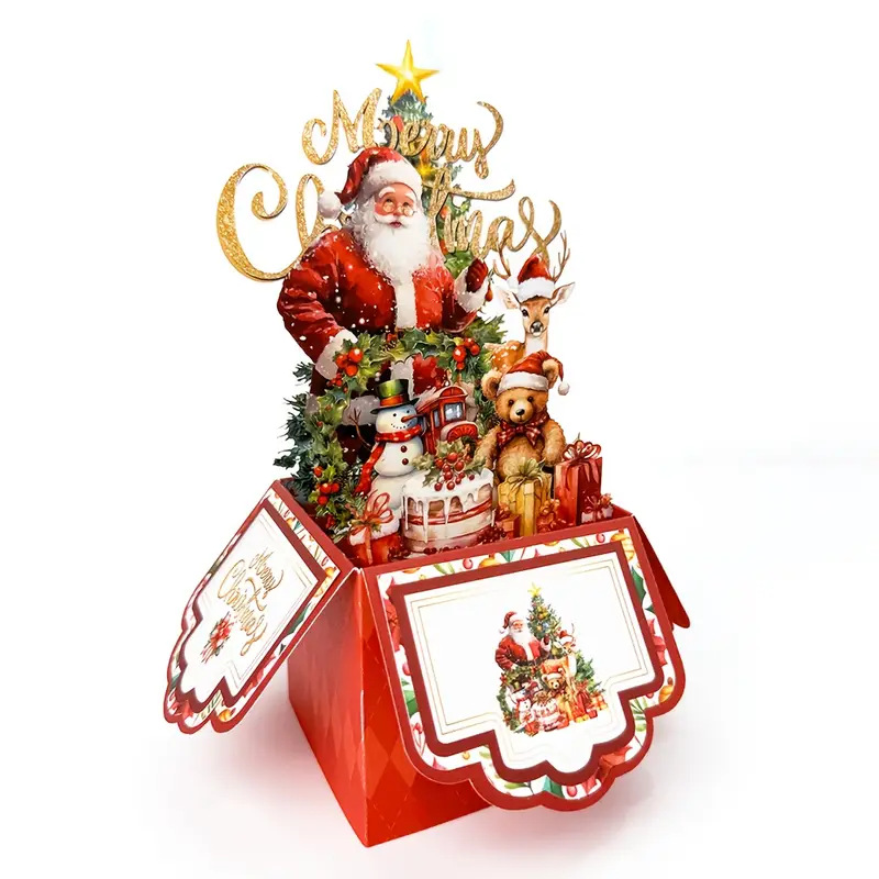 3D Pop‑up Santa's Box Tri‑fold Christmas Card – Handcrafted Holiday Scene, Premium Greeting with Envelope