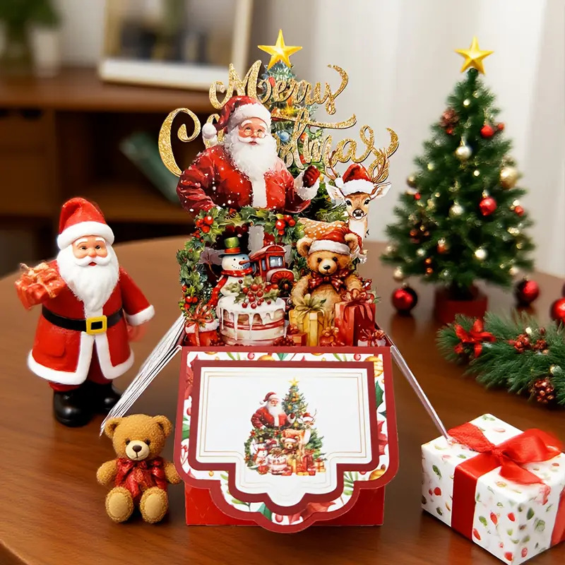 3D Pop‑up Santa's Box Tri‑fold Christmas Card – Handcrafted Holiday Scene, Premium Greeting with Envelope